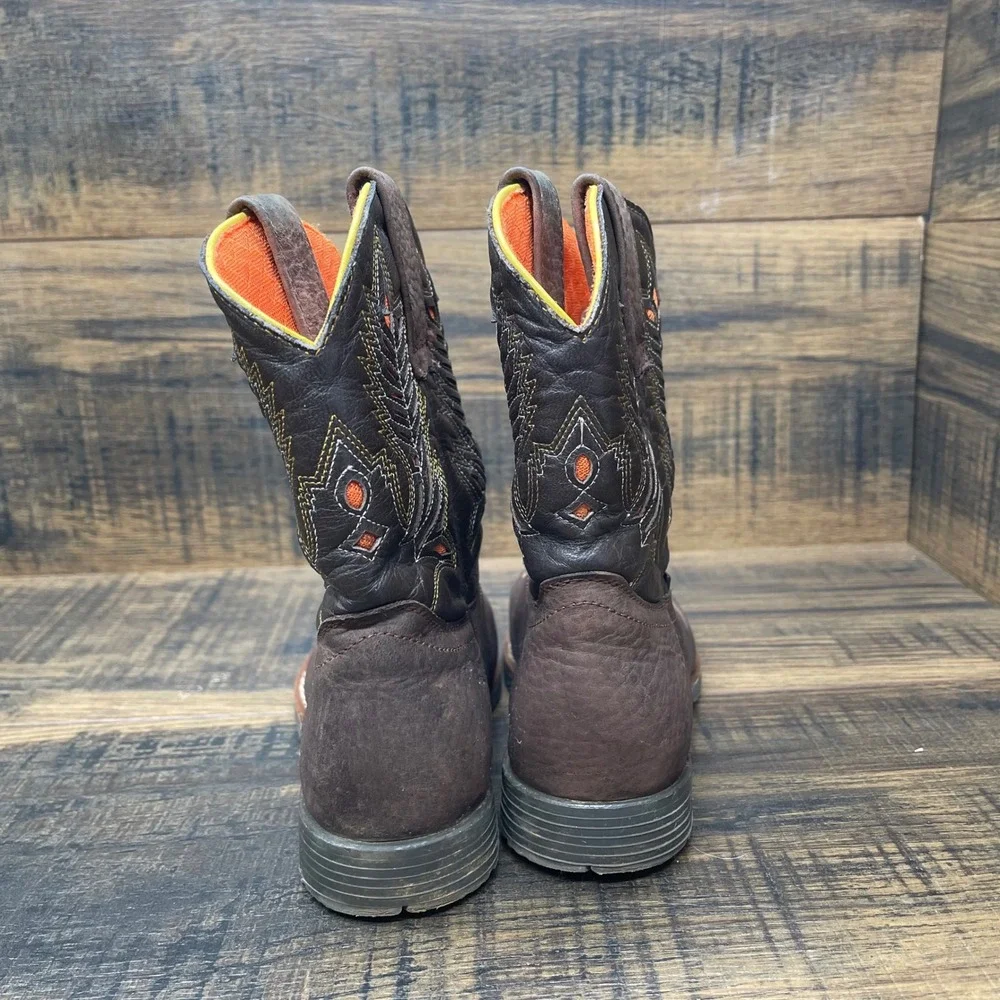 El General Cowboy Boots Kids Size 12 Brown‎ Leather Orange Embroidery Lug Sole